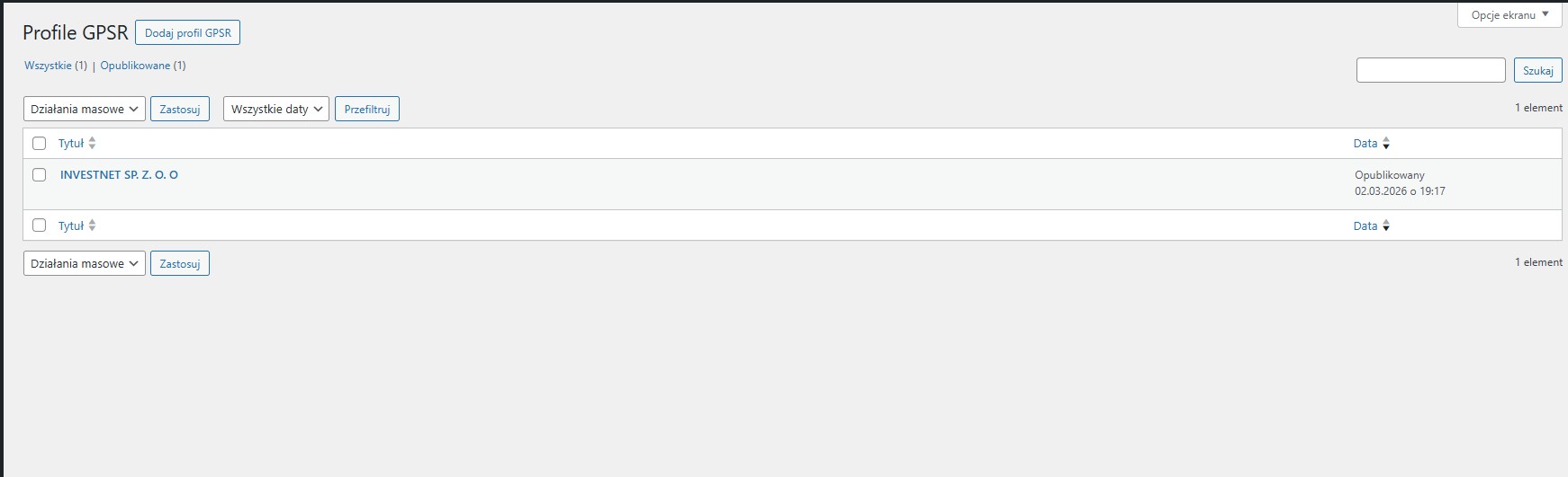 Lista profili GPSR w panelu WordPress