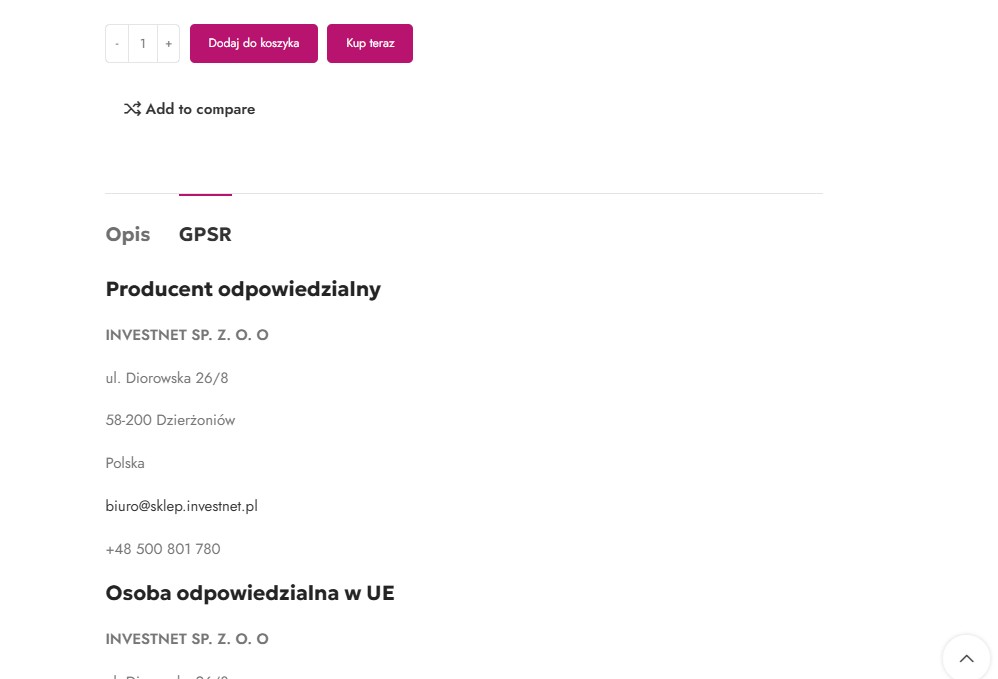 Karta produktu – widok zakładki GPSR oraz podsumowania (jeśli włączone)