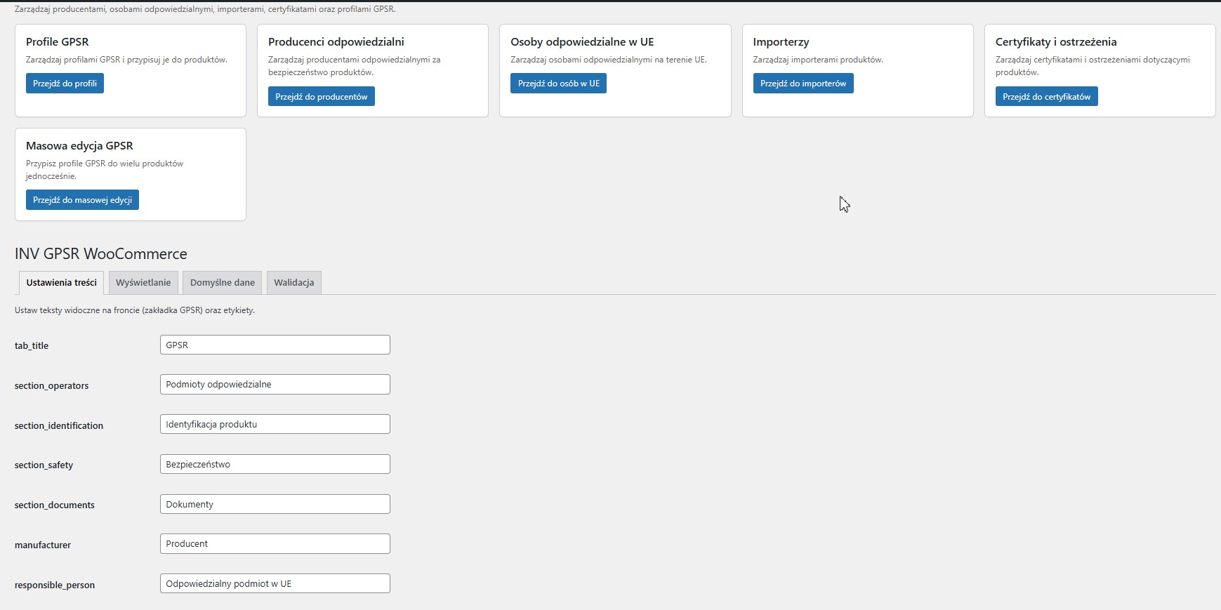 Ustawienia INV GPSR WooCommerce – ekran ustawień