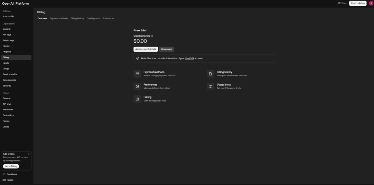 Widok „Billing Overview” w OpenAI Platform – konto bez środków / bez aktywnego zasilenia API