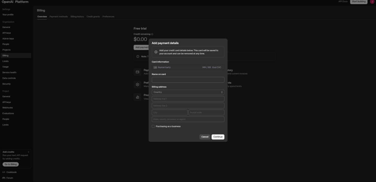 Okno „Add payment details” – formularz dodania karty i danych rozliczeniowych