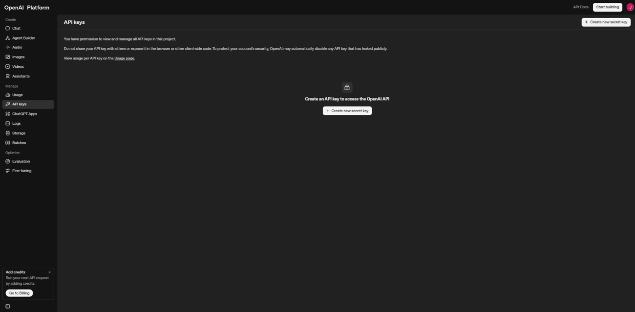 Ekran „API keys” w OpenAI Platform – lista kluczy i przycisk tworzenia nowego sekretu