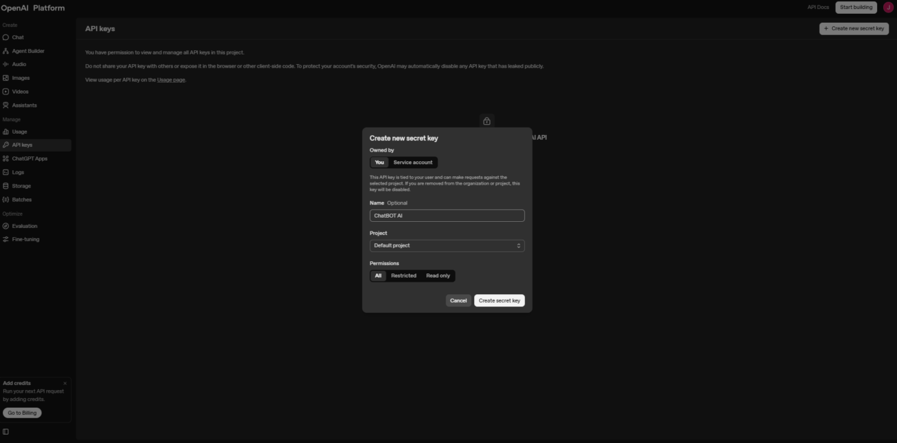 Okno „Create new secret key” – nazwa klucza, wybór projektu i uprawnienia