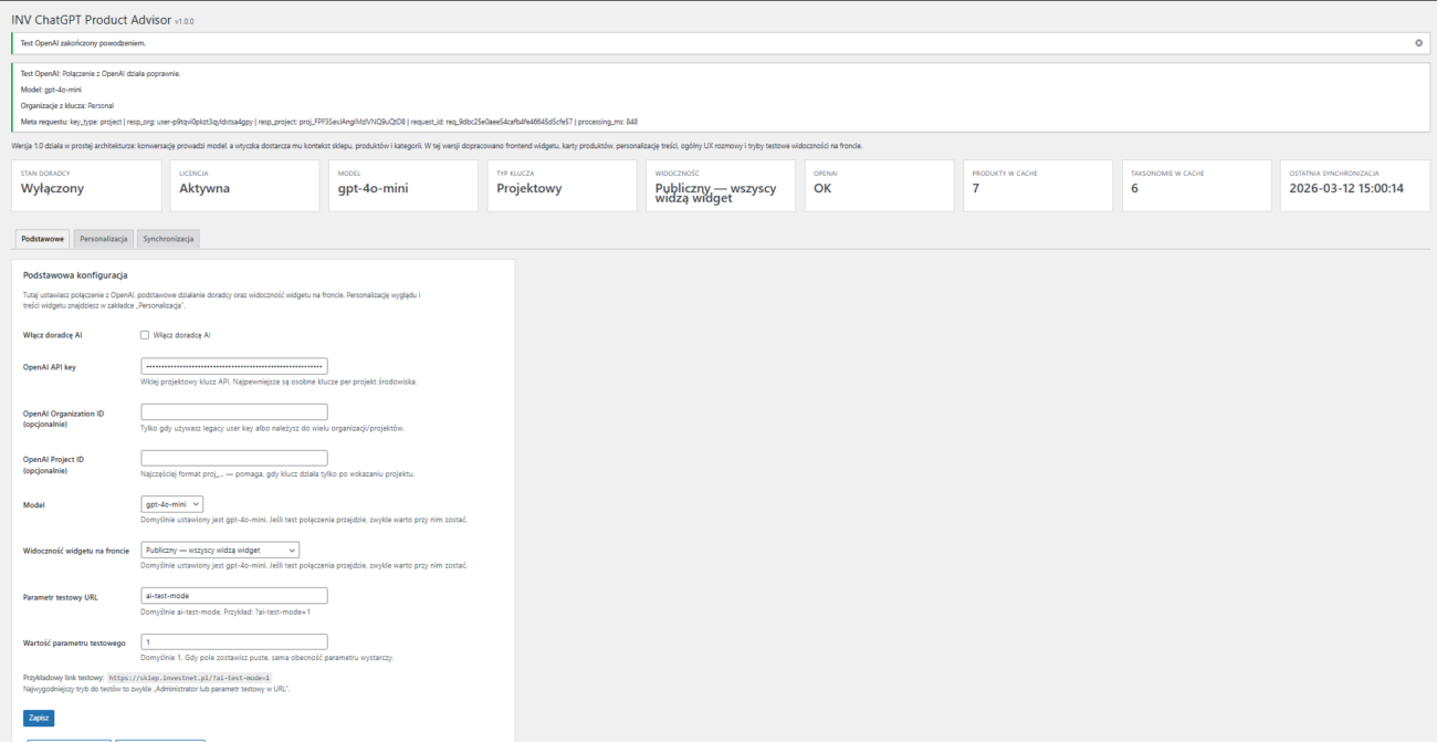 Ekran „Podstawowe” po poprawnym teście OpenAI – widoczny status sukcesu oraz rozpoznanie klucza projektowego